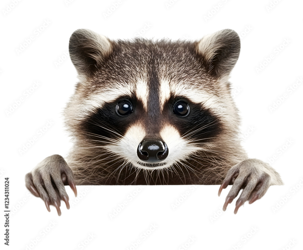 Obraz premium A curious raccoon with dark-ringed eyes, peering into the camera from a white surface. Transparent background