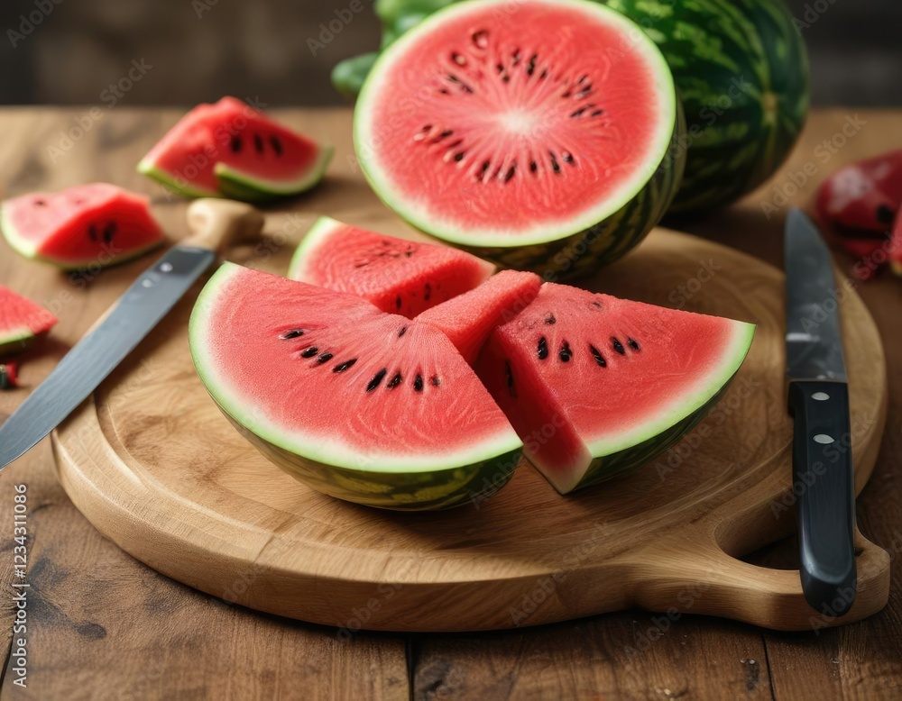 Ripe watermelon half on a wooden cutting board with a chef's knife , juicy, sweet, succulent Ripe watermelon half on a wooden cutting board with a chef's knife , juicy, sweet, succulent