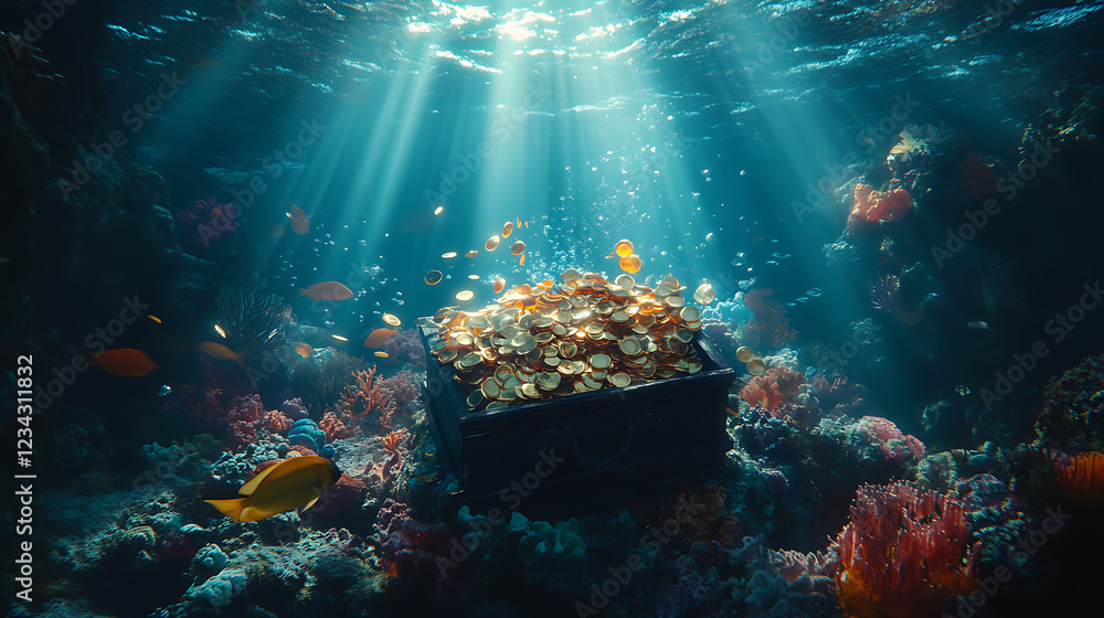 Fototapeta premium Sunken Treasure Chest in Vibrant Coral Reef