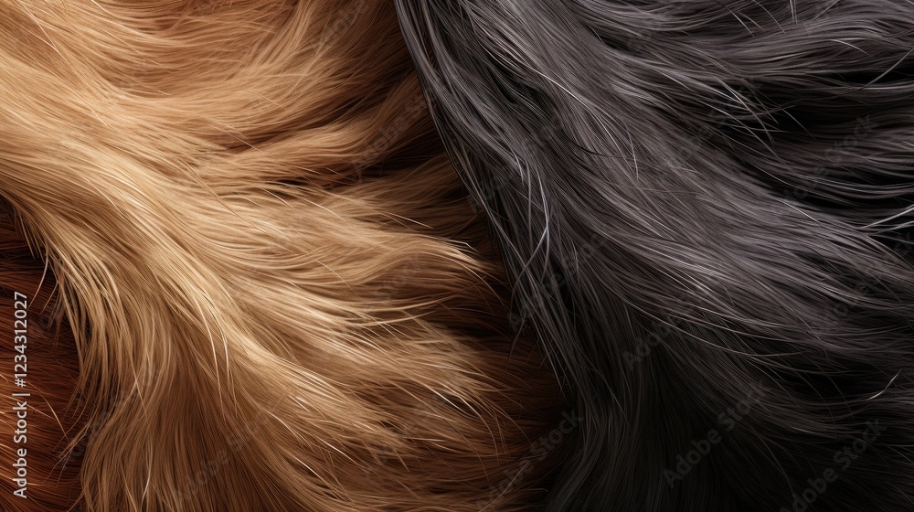 Naklejka premium Close-Up View of Varied Textures of Natural Fibers in Brown, Black, and Blonde Tones Capturing the Beauty of Softness and Movement