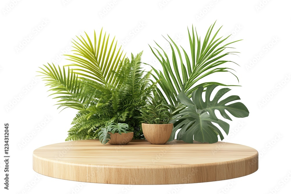 Fototapeta premium Elegant Wooden Podium Decorated with Lush Palm Leaves, Isolated on a Pristine White Background, Perfect for Product Displays, Presentations, Tropical Themes, Summer Announcements, Branding, 