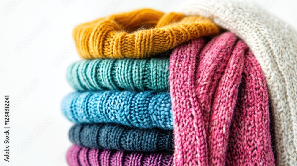 A pile of colorful knit scarves stacked on top of each other, great for seasonal or gift ideas A pile of colorful knit scarves stacked on top of each other, great for seasonal or gift ideas
