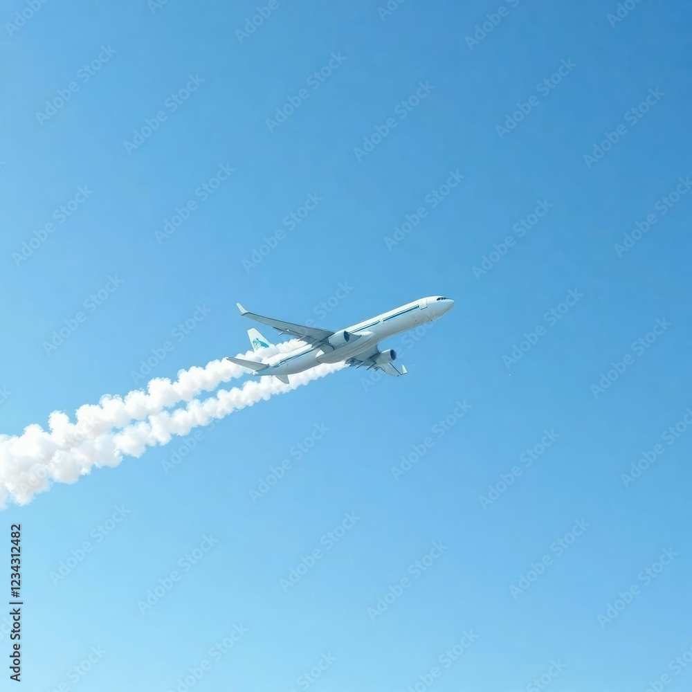 Obraz premium Plane generates white contrails in clear blue sky , cloud trail, trail
