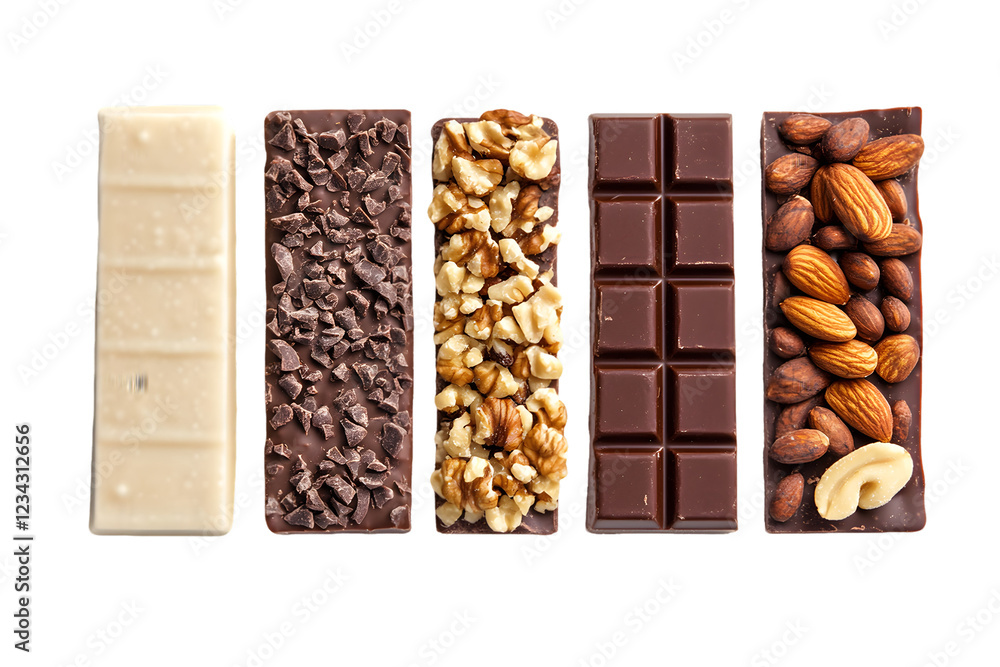 Five Assorted Chocolate Bars with Nuts and Shavings On A White Background, Transparent PNG Five Assorted Chocolate Bars with Nuts and Shavings On A White Background, Transparent PNG