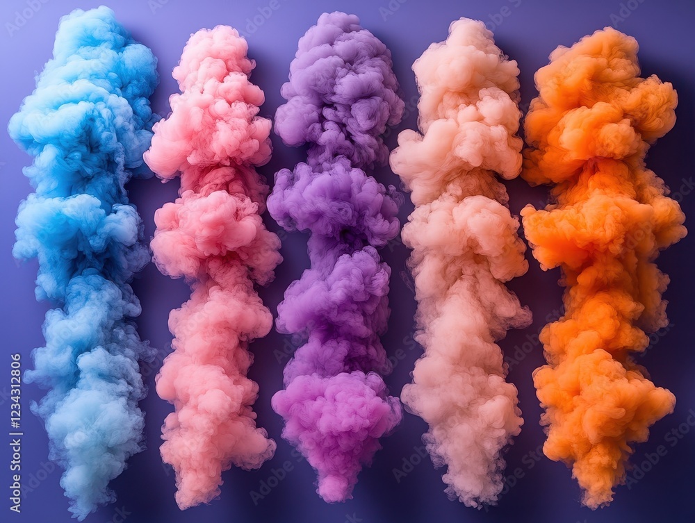 Fototapeta premium Colorful smoke clouds in various shades against a purple background.