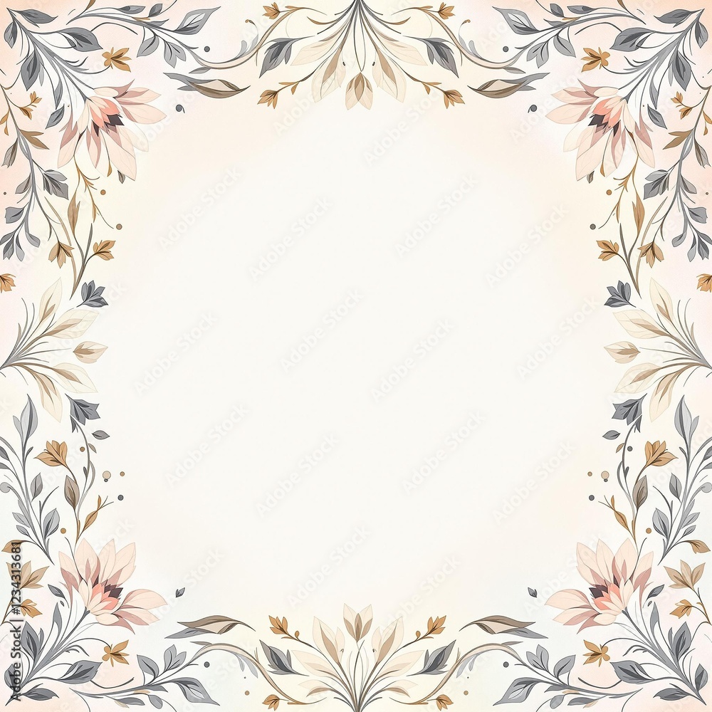 A soft, pastel-colored wedding invitation template with an intricate floral frame, left empty for custom text placement A soft, pastel-colored wedding invitation template with an intricate floral frame, left empty for custom text placement