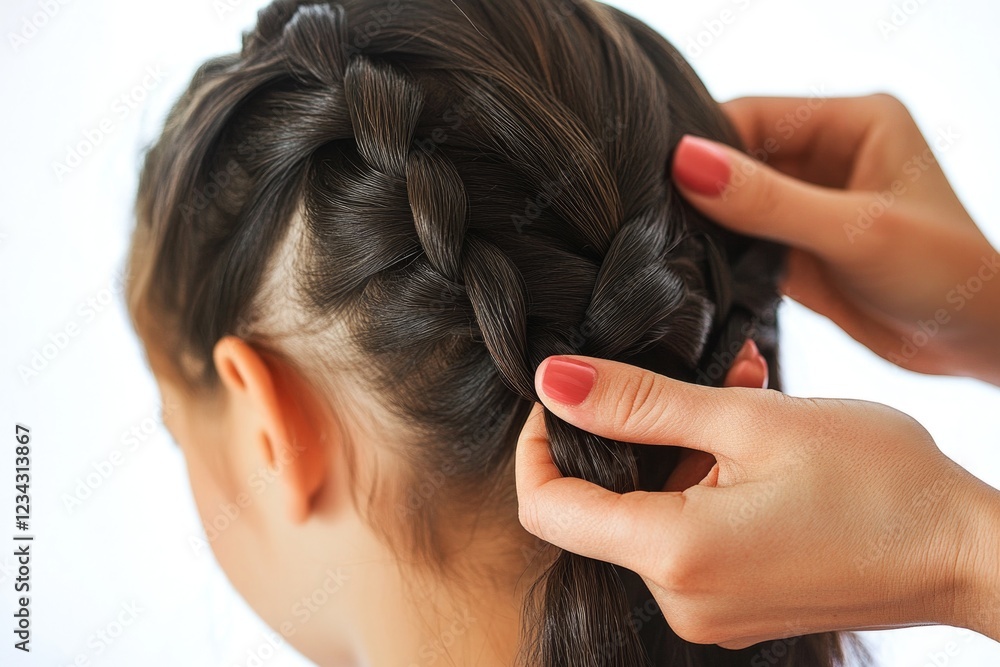 Naklejka premium A woman sits with her back to the camera, focusing on braiding her long hair into a intricate braid