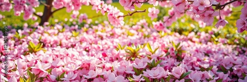 Soft pink cherry blossom petals scattered in a vibrant spring garden, floral arrangement, garden scenery