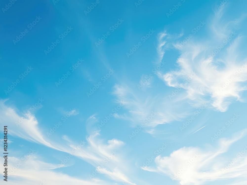 Softly illuminated blue heavens with wispy clouds of varying shades of white and cream, atmospheric conditions, ethereal scene Softly illuminated blue heavens with wispy clouds of varying shades of white and cream, atmospheric conditions, ethereal scene