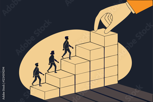 7 Wooden blocks forming ascending steps, miniature human figures climbing stairs, giant hand placing final block, career progression concept, personal growth metaphor, dark background, warm lighting, 