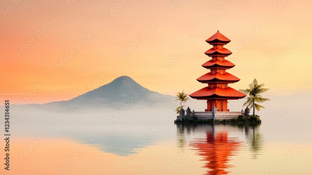 Fototapeta premium Red Pagoda on Calm Lake at Sunrise, Misty Mountains in Background