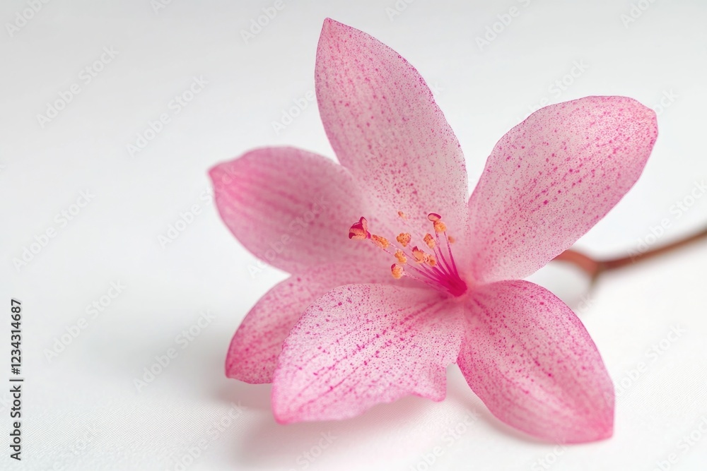 A single pink flower sits atop a white surface, ready for use in various designs and projects A single pink flower sits atop a white surface, ready for use in various designs and projects