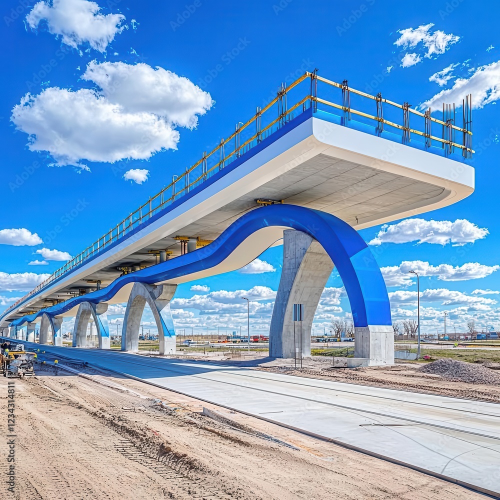 Fototapeta premium Modern elevated train station with a striking blue design against a bright blue sky and fluffy clouds.