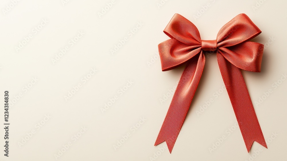 Red Patterned Ribbon Bow On Beige Background Red Patterned Ribbon Bow On Beige Background