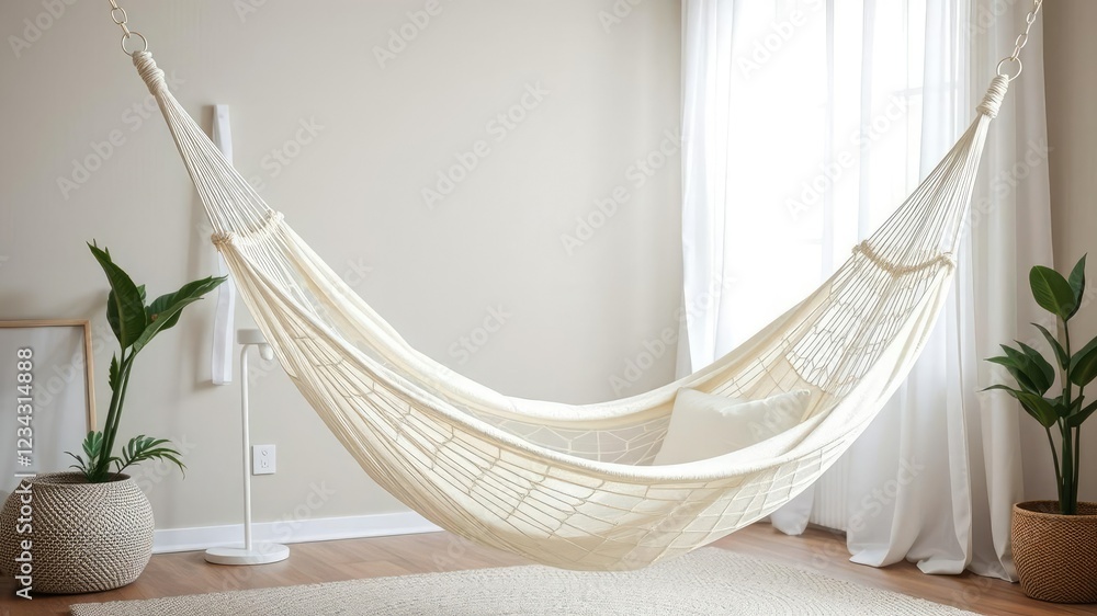 Soft and lightweight fabric hammock with a subtle geometric design, perfect for a bedroom or outdoor setting, furniture, relaxation, minimalist style Soft and lightweight fabric hammock with a subtle geometric design, perfect for a bedroom or outdoor setting, furniture, relaxation, minimalist style