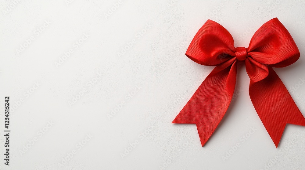 Red Satin Ribbon Bow on White Textured Background Red Satin Ribbon Bow on White Textured Background