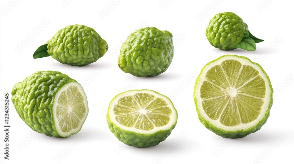 Freshly cut lime halves arranged on a clean white background, ideal for use in culinary or still life photography Freshly cut lime halves arranged on a clean white background, ideal for use in culinary or still life photography