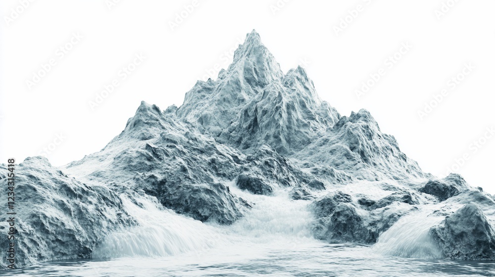 Snowy peak, icy waters, isolated, white background, environmental Snowy peak, icy waters, isolated, white background, environmental