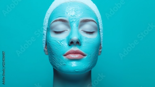 A serene mannequin with a blue facial mask, set against a bright turquoise background, exudes tranquility and a focus on skincare.