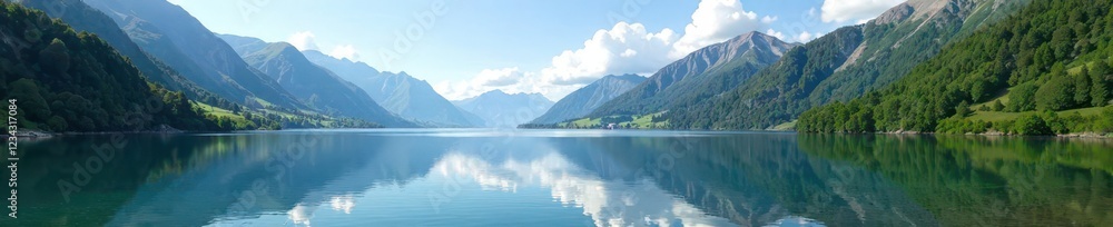 Reflections on calm lake surface with surrounding mountains, nature, valley Reflections on calm lake surface with surrounding mountains, nature, valley