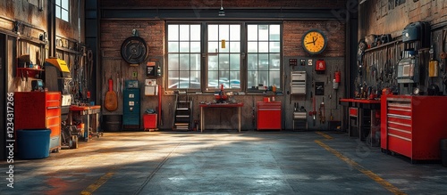 Sunlit industrial garage interior with tools, workbench, and red storage cabinets.