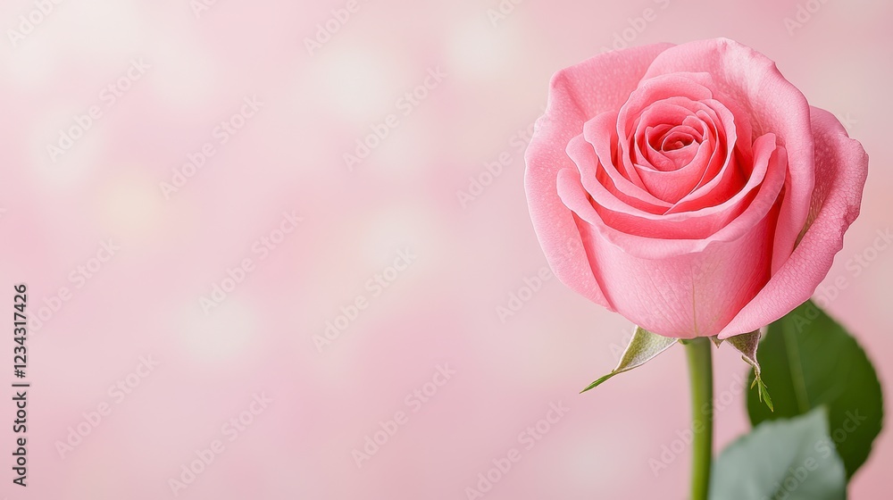 Single Pink Rose With Water Droplets On Soft Pink Background Single Pink Rose With Water Droplets On Soft Pink Background