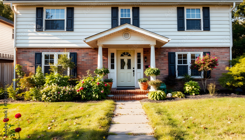 Front exterior of a house with messy front yard garden , with white tonespng Front exterior of a house with messy front yard garden , with white tonespng