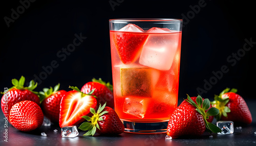 Fresh strawberry cocktail. Fresh summer cocktail with strawberry and ice cubes. Glass of strawberry soda drink on dark background , with white tonespng photo