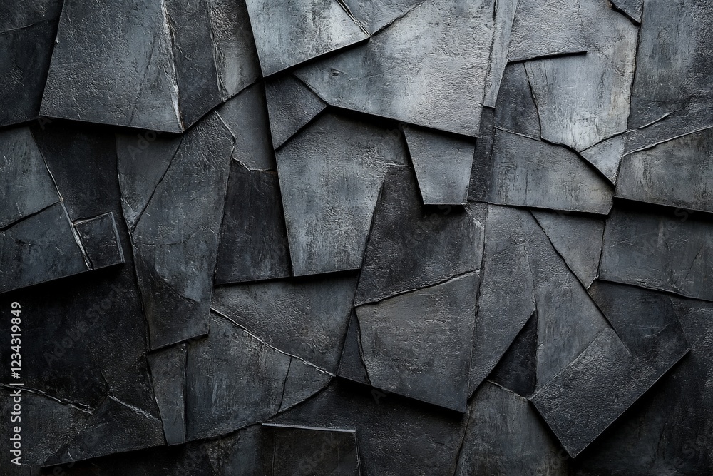 Textured dark stone wall showcasing angular patterns and varied surfaces in a contemporary setting Textured dark stone wall showcasing angular patterns and varied surfaces in a contemporary setting