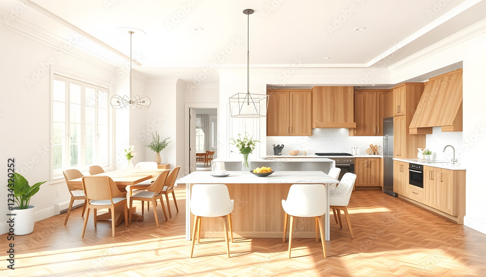 Dining room and kitchen in a new open plan home. Features White walls and ceiling and parquet floors. Beautiful furniture made of wood and marble light-colored furniture fronts isolated with white h Dining room and kitchen in a new open plan home. Features White walls and ceiling and parquet floors. Beautiful furniture made of wood and marble light-colored furniture fronts isolated with white h