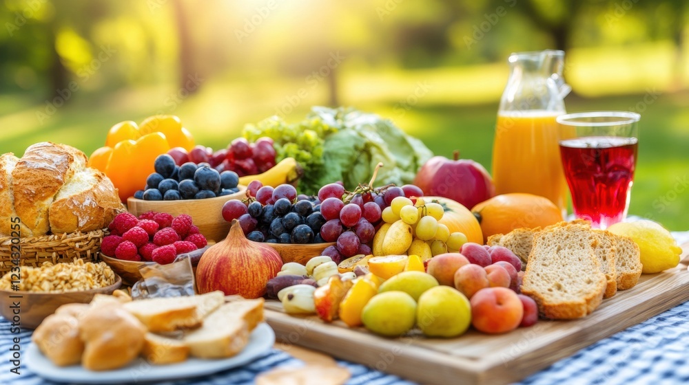 Vibrant Spread of Fresh Fruits and Beverages on a Picnic Table in a Sunlit Outdoor Setting Vibrant Spread of Fresh Fruits and Beverages on a Picnic Table in a Sunlit Outdoor Setting
