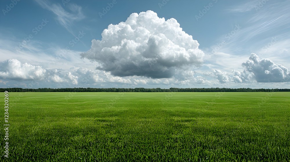 Lush green field under a large cumulus cloud, scenic summer landscape, nature background
