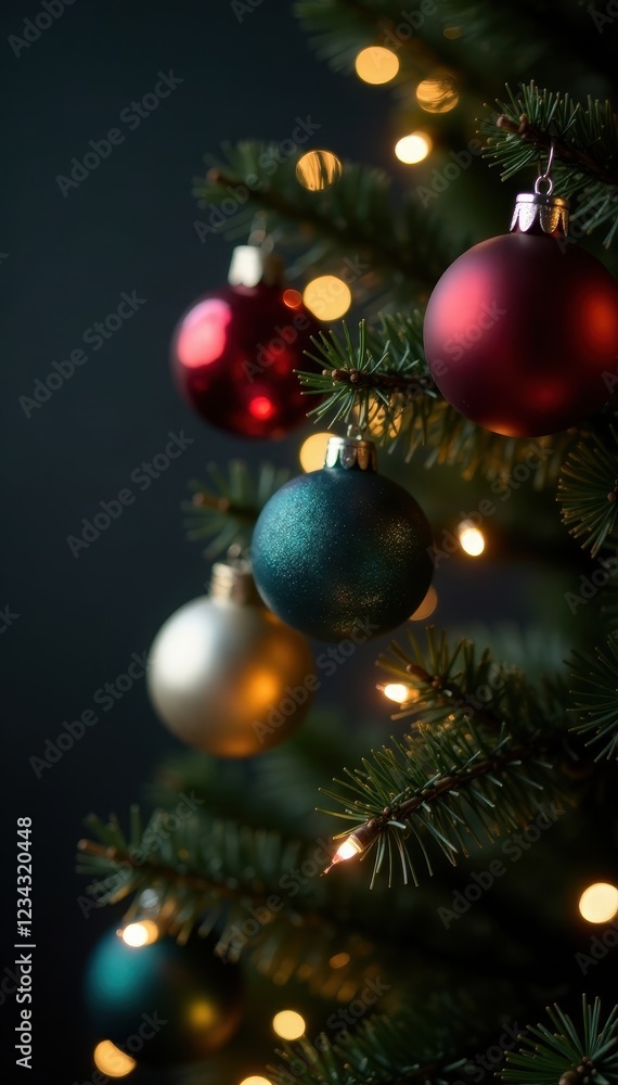 Twinkling fairy lights on a Christmas tree branch, ornaments, christmas, festive Twinkling fairy lights on a Christmas tree branch, ornaments, christmas, festive