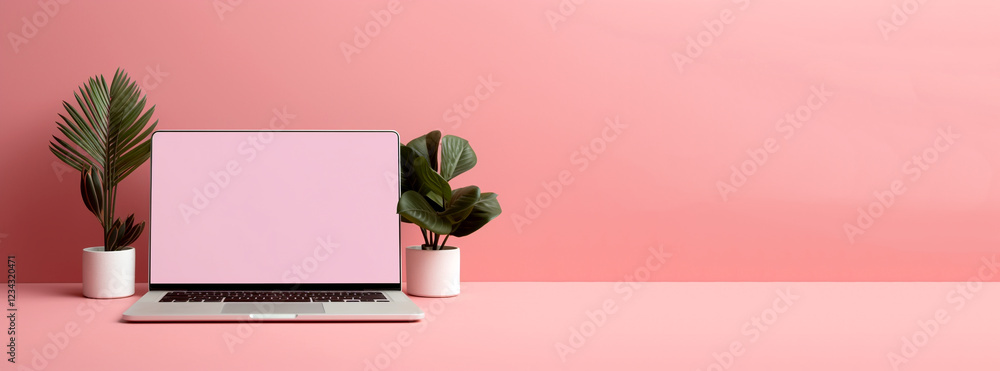Pink laptop on a stylish desk with a blank screen for mock-up purposes. Minimalist desktop setup with a soft background, perfect for branding, design presentations, or business concepts