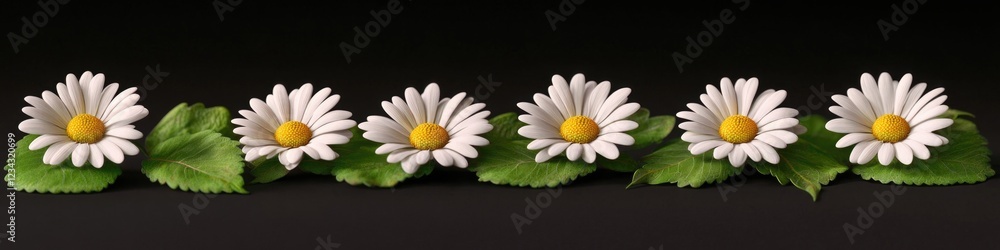 Obraz premium A row of white flowers with green leaves on a stem