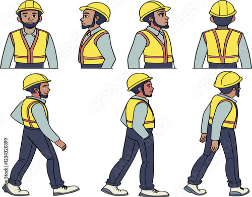 Construction worker, builder in helmet, vest, uniform. Character constructor for animation. Front, side and back view set. Body parts, postures, poses collection. 