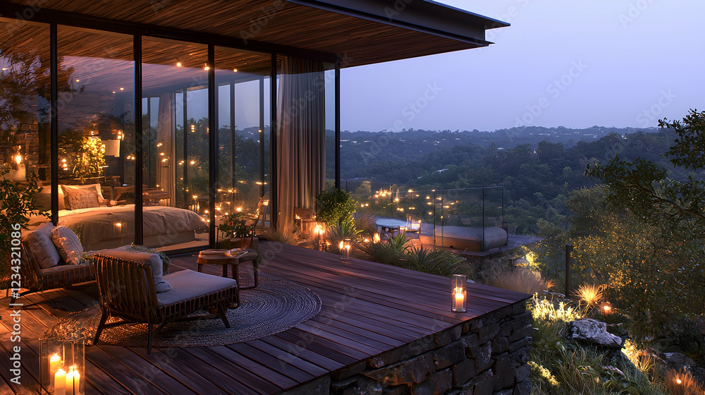 Obraz premium Hillside luxury suite with stunning sunset view, romantic evening ambiance, outdoor seating
