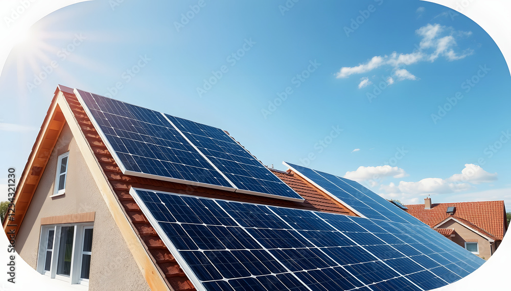Fototapeta premium House with Solar Panels, Renewable Energy, Green Technology