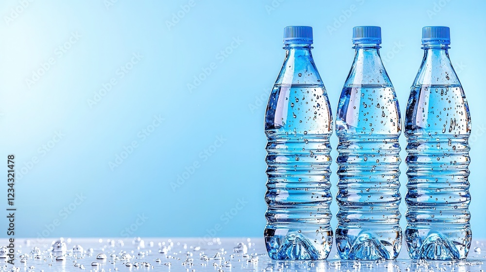 Three Transparent Water Bottles on a Light Blue Background Three Transparent Water Bottles on a Light Blue Background