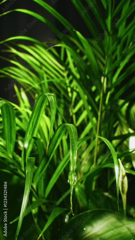 Calming Water Droplets Splashing On Vibrant Green Leaves Calming Water Droplets Splashing On Vibrant Green Leaves