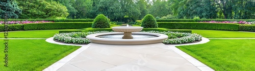 A serene garden featuring a classic fountain surrounded by lush greenery, creating a peaceful outdoor oasis for relaxation.