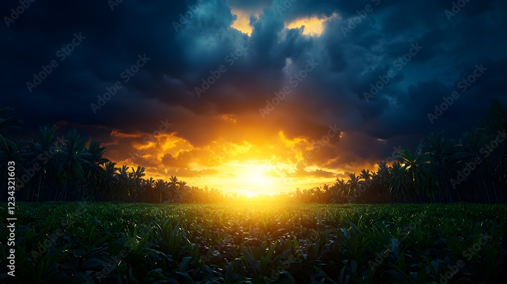 Obraz premium Fireflies in Field at Dramatic Sunset