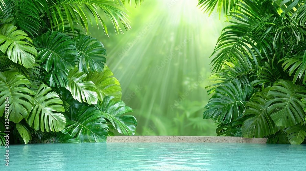 Tranquil Pool Scene Framed by Lush Green Tropical Foliage and Sunlight Tranquil Pool Scene Framed by Lush Green Tropical Foliage and Sunlight
