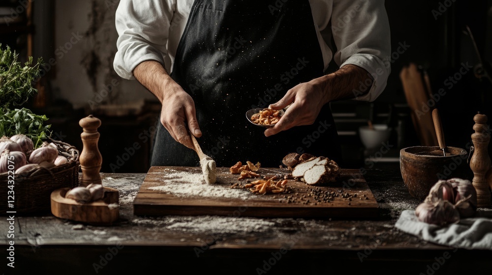 Baker kneading dough with fresh ingredients on a rustic table Baker kneading dough with fresh ingredients on a rustic table