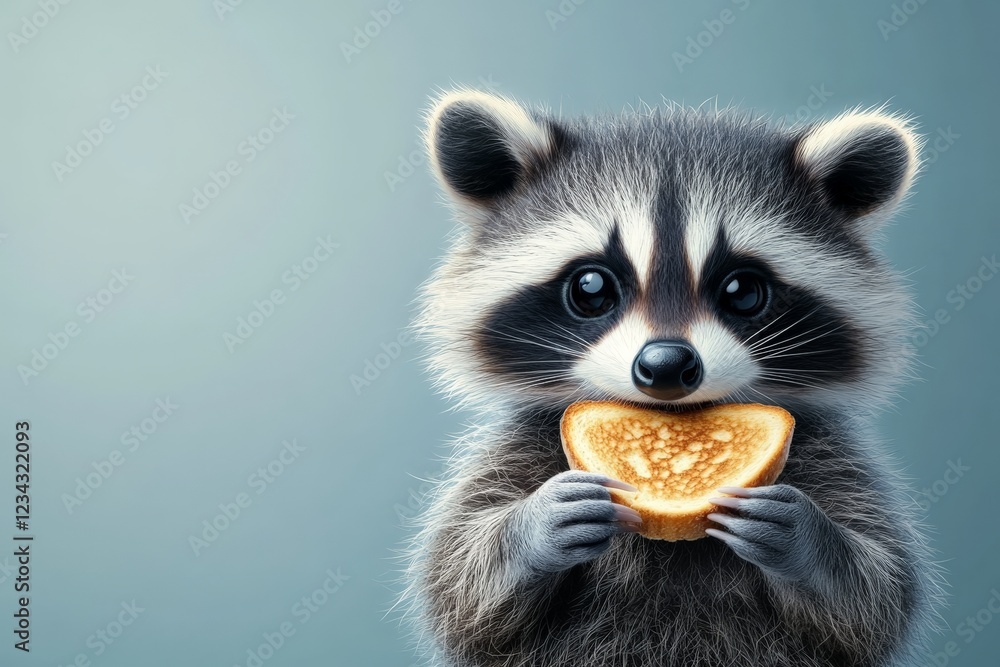 Cute raccoon holding a slice of toast with a joyful expression against a soft blue background Cute raccoon holding a slice of toast with a joyful expression against a soft blue background
