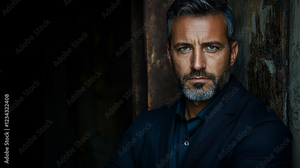 Fototapeta premium Serious mature man with grey beard looking at camera in a dark rustic setting.