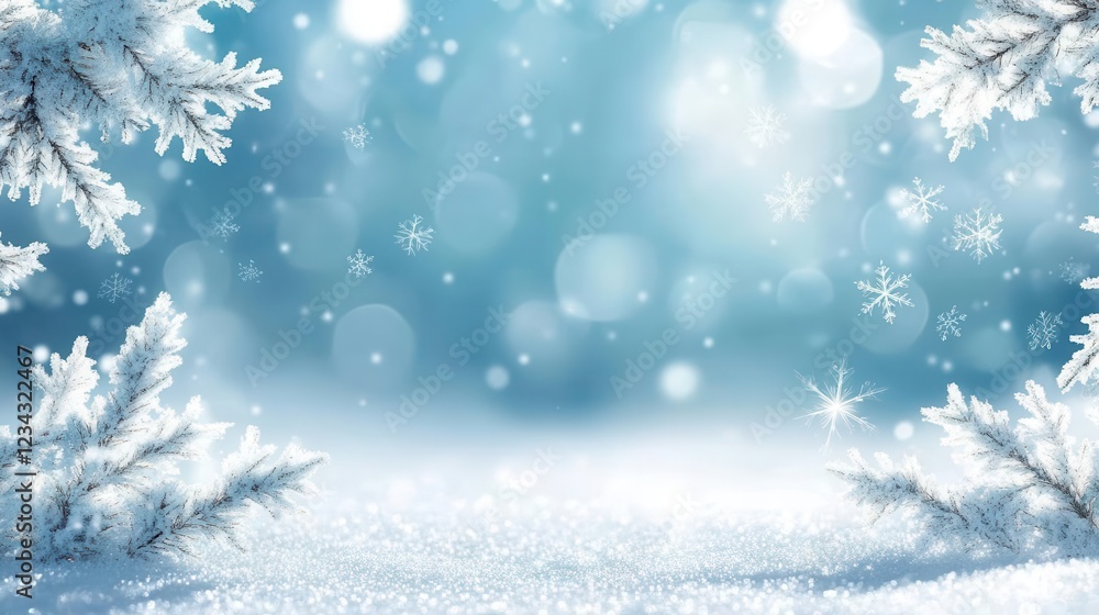 A wonderful winter scene with snow-covered branches and falling snowflakes, creating an atmosphere of tranquility and enchantment A wonderful winter scene with snow-covered branches and falling snowflakes, creating an atmosphere of tranquility and enchantment