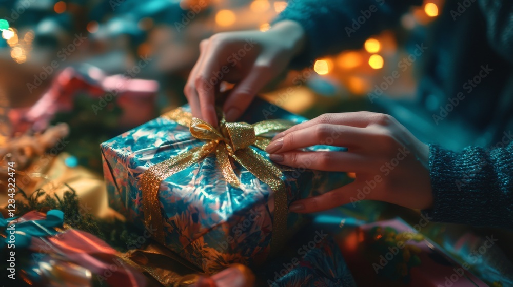 Fototapeta premium A beautifully wrapped Christmas gift with golden ribbon. The background sparkles with festive lights. Moments of joy and celebration are captured in this image. Generative AI