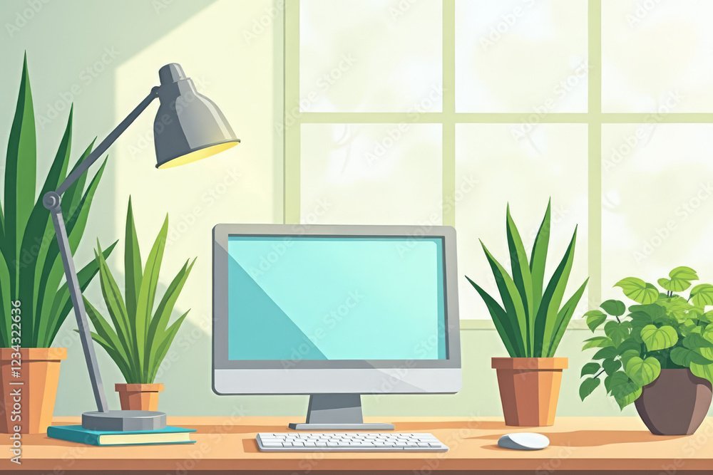 Fototapeta premium Modern minimalist workspace with desktop computer and indoor plants in green color scheme with copy space