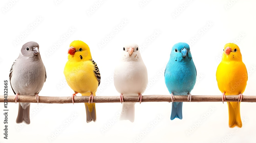 Naklejka premium Five Colorful Birds Perched on a Branch